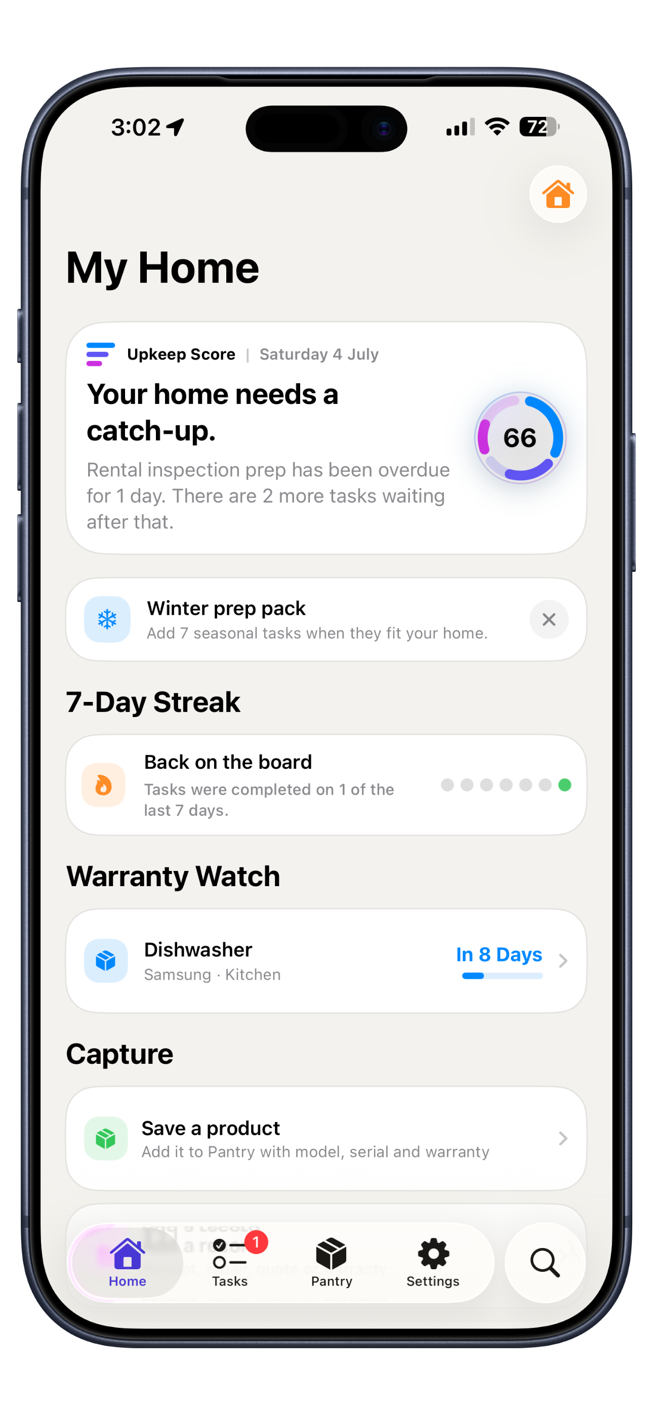 Upkeep home screen preview in a Deep Blue iPhone